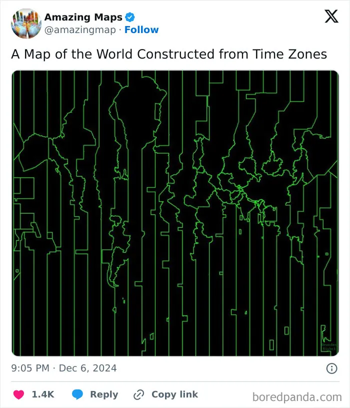 Map illustrating the world with time zones, showcasing how maps can change perspective.