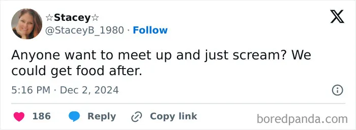 Tweet from a mom suggesting a meet-up to scream and grab food, showcasing humorous mom behavior.