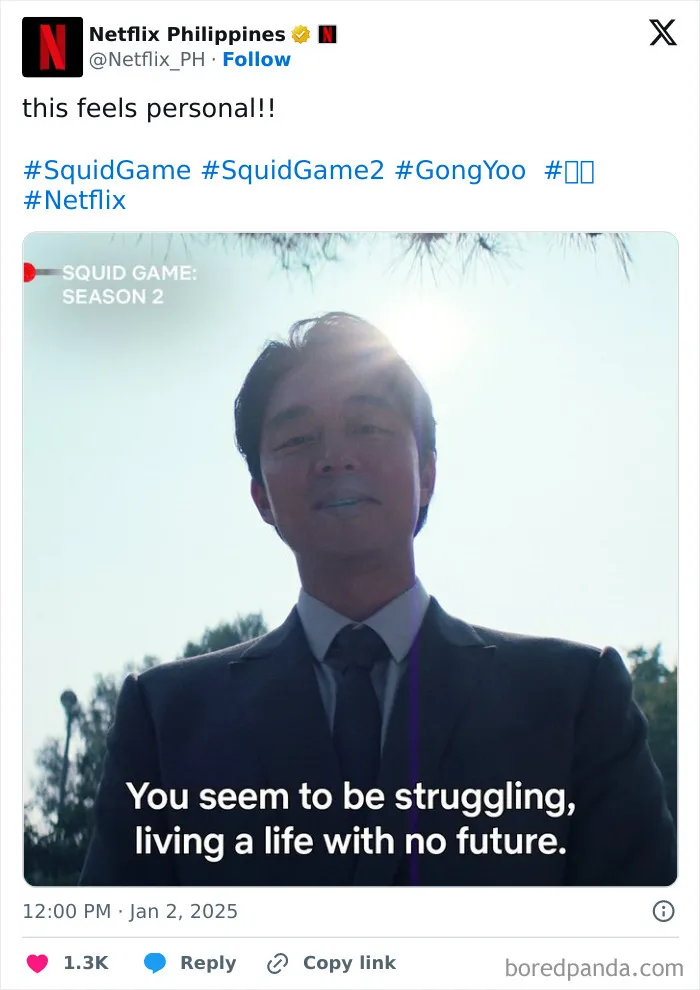 Man in suit with sunlight behind, from Squid Game 2, with caption about life struggles.