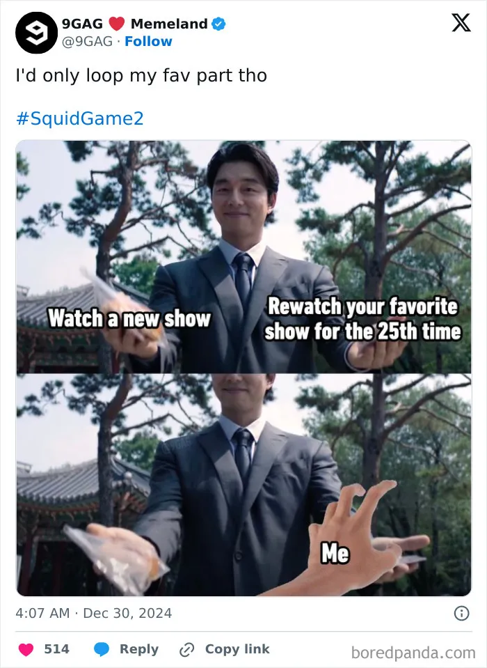 Man in suit with caption "Rewatch your favorite show for the 25th time," related to Squid Game 2 memes.