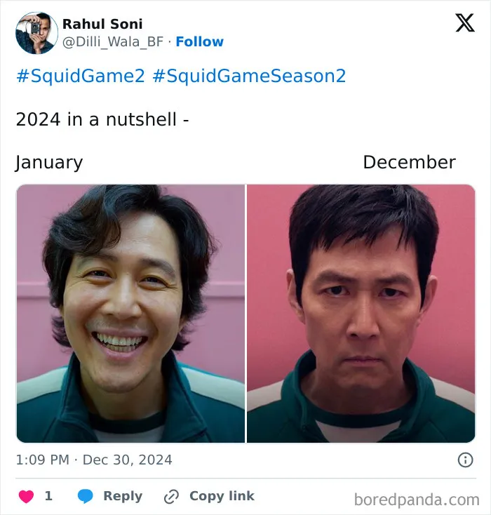 Split image of a smiling man in January and a serious man in December, referencing Squid Game 2 memes.