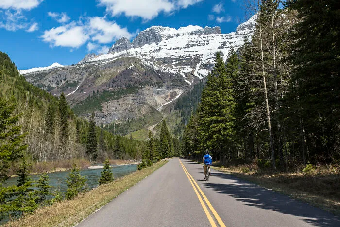 Cyclist on a scenic road with mountains and trees, showcasing amazing views in a natural setting.