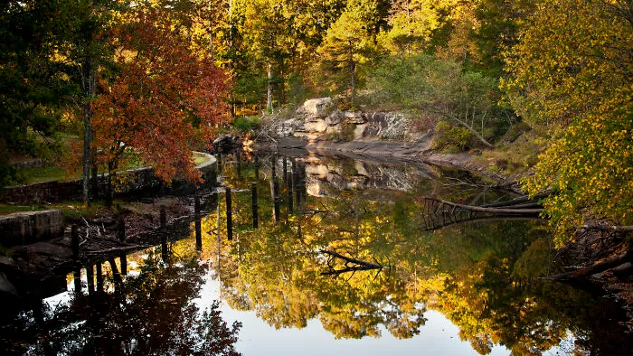 Beautiful autumn landscape reflecting on a calm river, showcasing amazing views in the states.