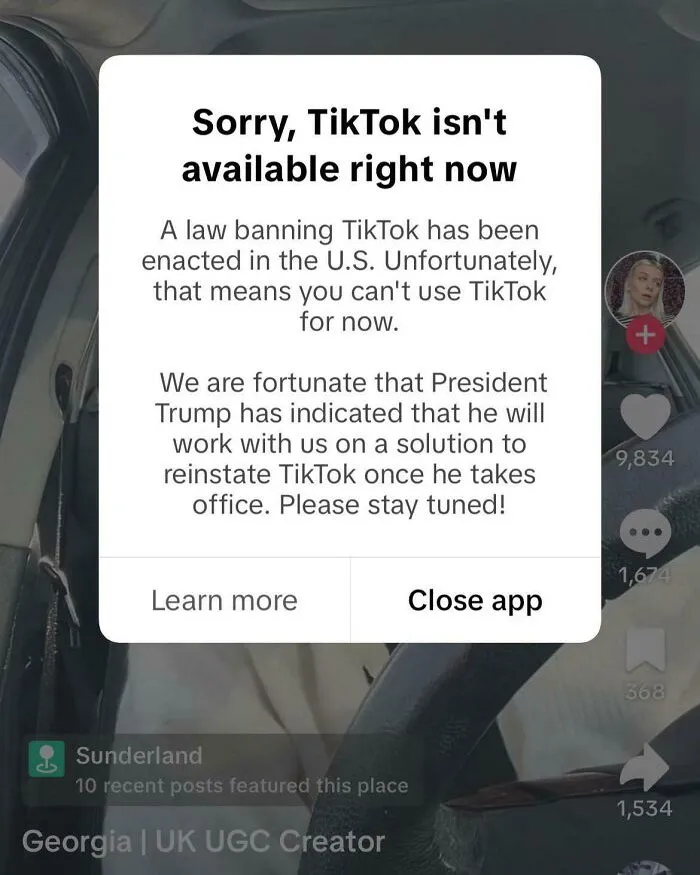 TikTok ban notification suggesting a boring dystopia, referencing U.S. law and potential reinstatement by President Trump.