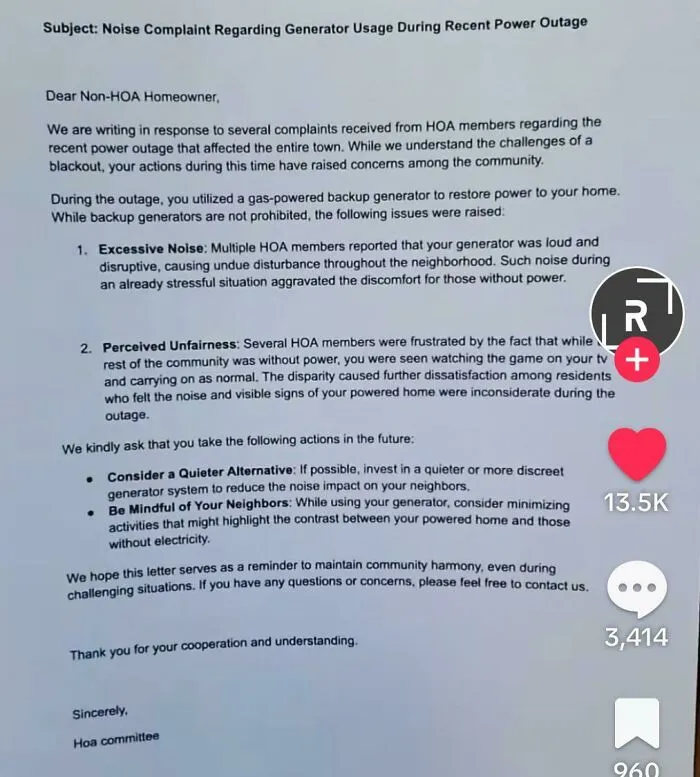 This Guy Got A Letter From The Hoa Because They Were Jealous Of His Generator While They Were Without Power