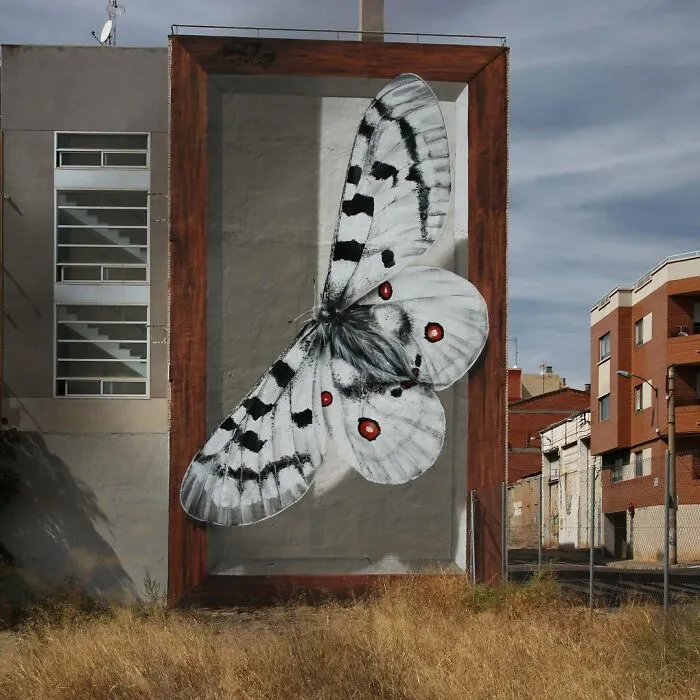 Hyper-realistic mural of a butterfly on an urban building by a French artist, featuring intricate details and vibrant colors.