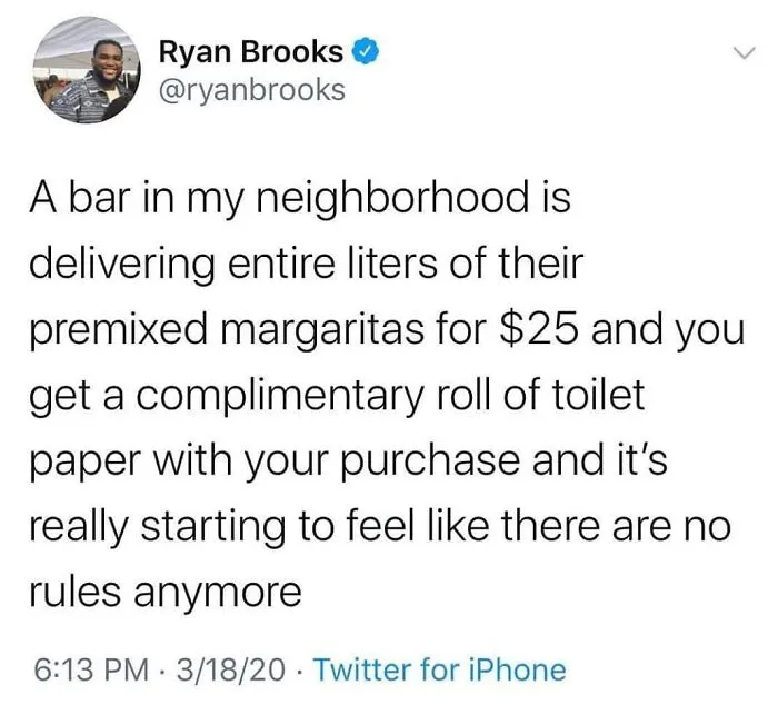 Tweet humorously reflects the chaotic dating scene in your 30s with margarita delivery and complimentary toilet paper offer.