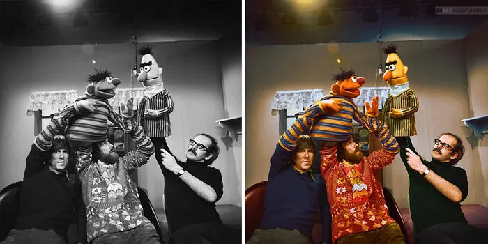 Puppeteers Daniel Seagren (Left) And Jim Henson (Center) Holding And Working Ernie, And Frank Oz (Right) With Bert In A 'Sesame Street' Rehearsal, c. 1970