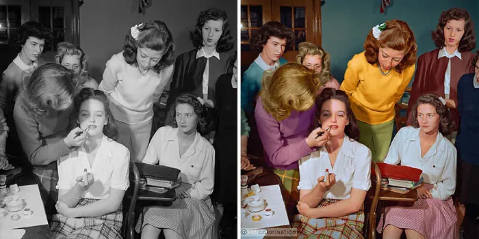 Demonstration Of The Correct Procedure In Applying Street Makeup In A Home Management Class At Woodrow Wilson High School, Washington, D. C., October 1943