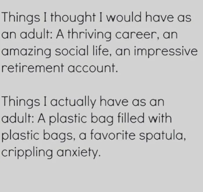 Text humorously contrasts adult expectations with reality, featuring a thriving career versus plastic bags and anxiety.