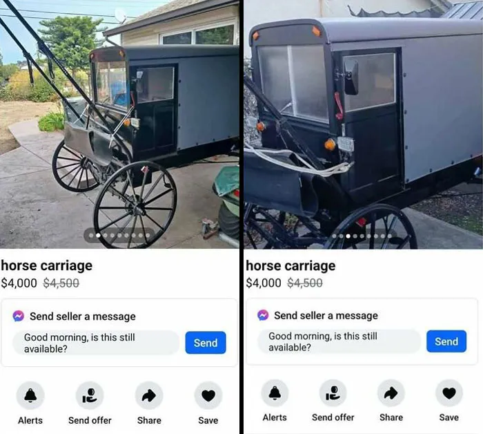 Carruaje antiguo a la venta en Facebook Marketplace, uno de los objetos raros encontrados publicitados en línea.