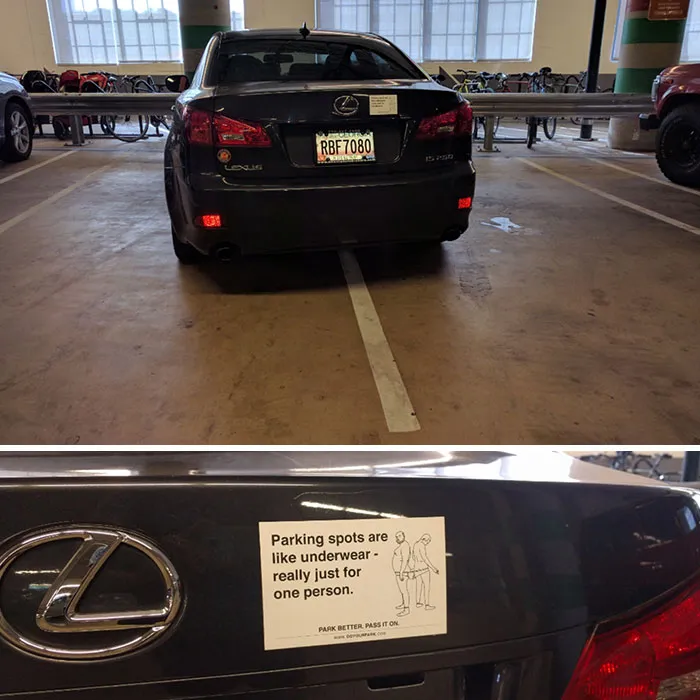 A Lexus car parked poorly displaying a funny bumper sticker comparing parking spots to underwear for humor.
