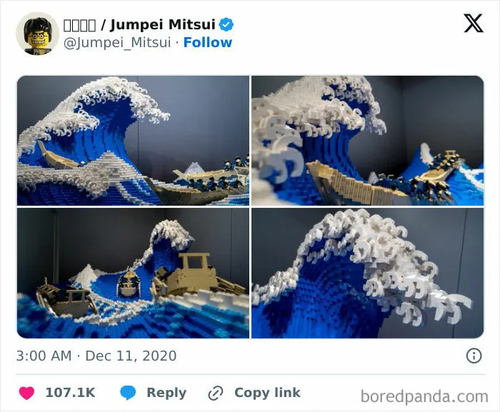 Thirty-Six Views Of Mount Fuji, The Great Wave Off Kanagawa, Has Been Made Into A Three-Dimensional LEGO Model. It's A Theme I've Wanted To Create For Many Years, And I Had An Image Of It In My Head, But This Time I Was Finally Able To Make It A Reality. Because It's Three-Dimensional, It Can Be Enjoyed From Various Angles.  Starting Today, It Is On Permanent Display At The Hankyu Brick Museum In Hankyu Sanban-Gai, Osaka!