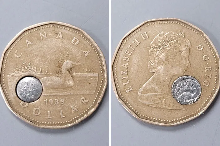 1989 Canadian 1 Dollar Coin With A Piece Of 25 Cent Coin Stuck On It
