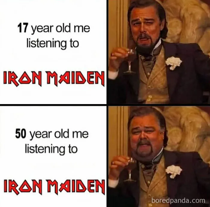 Gen X humor meme showing aging rock fan's reaction to Iron Maiden at 17 and 50 years old, comparing enthusiasm levels.
