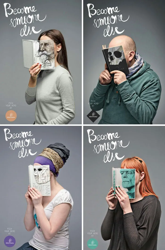 "Conviértete en otra persona", anuncios de la librería Mint Vinetu en Lituania