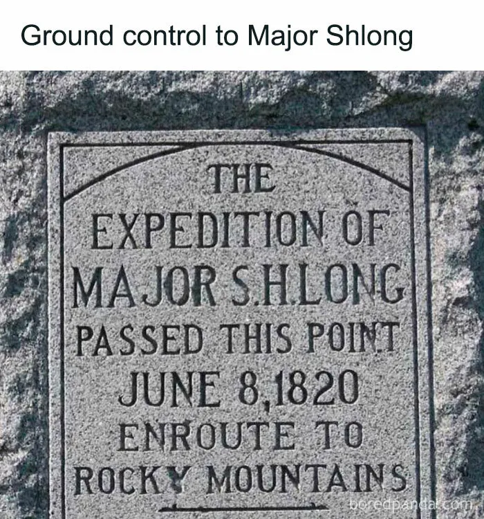 A humorous stone plaque with text about an expedition, featuring random memes.