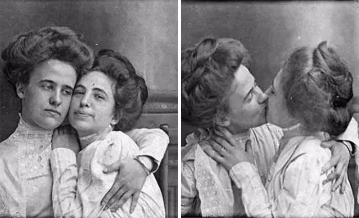 Pequeña parte de una tira de fotomatón de una pareja de mujeres, por sus peinados diría que en 1890 aprox.