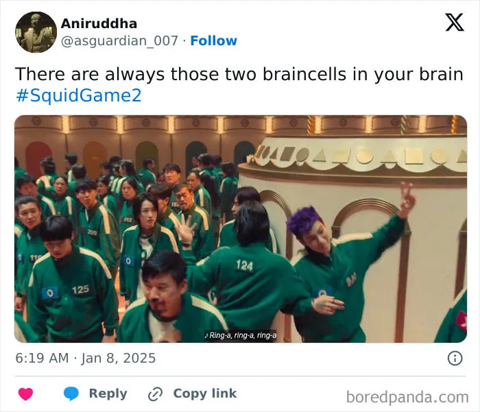 Squid Game 2 meme featuring players in green tracksuits during a humorous moment.