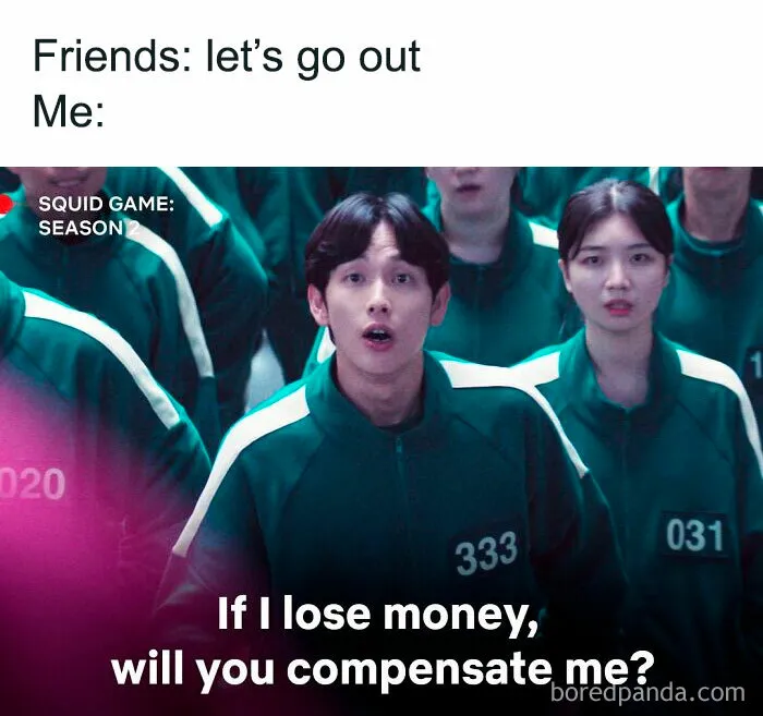 Contestants in green tracksuits from Squid Game 2; text: "If I lose money, will you compensate me?"