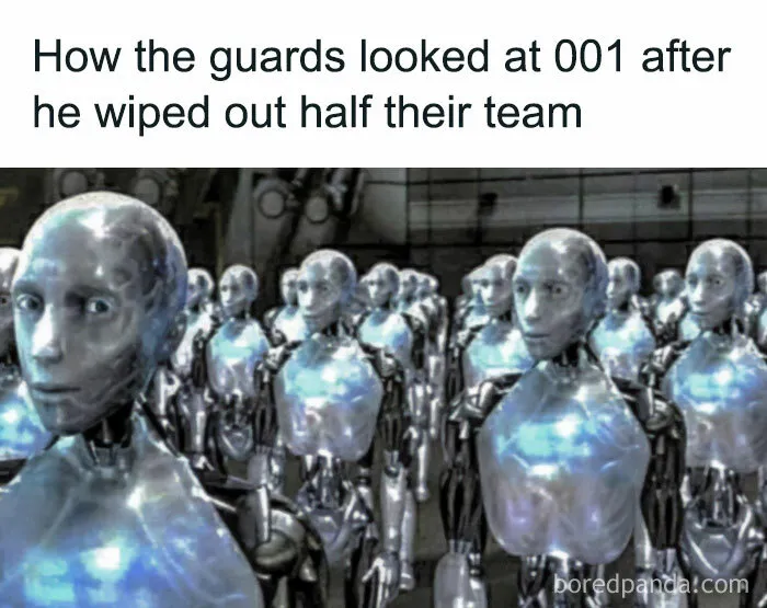 Robots with blank stares, resembling Squid Game 2 memes, under a caption about guards and 001 wiping out their team.