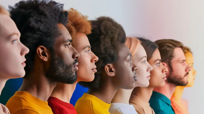 A diverse group of people in profile view, illustrating the concept of USA healthcare confusion among foreigners.