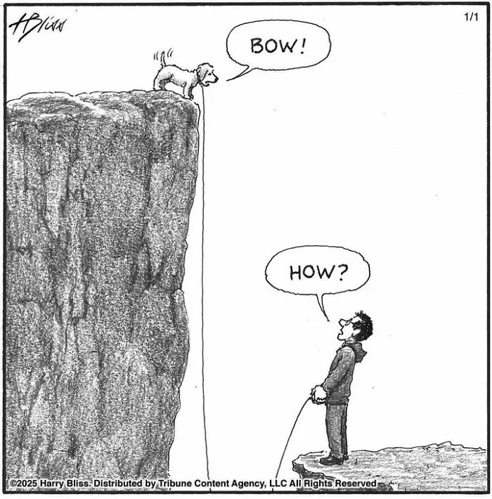 Man and dog communicating on cliff via string, a one-panel comic by Harry Bliss.