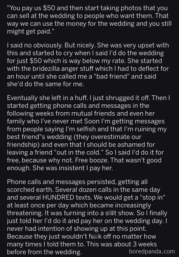 Bride Tries To Force Friend To Do Photography For Her Wedding, Insists That He Pays Her For The Privilege
