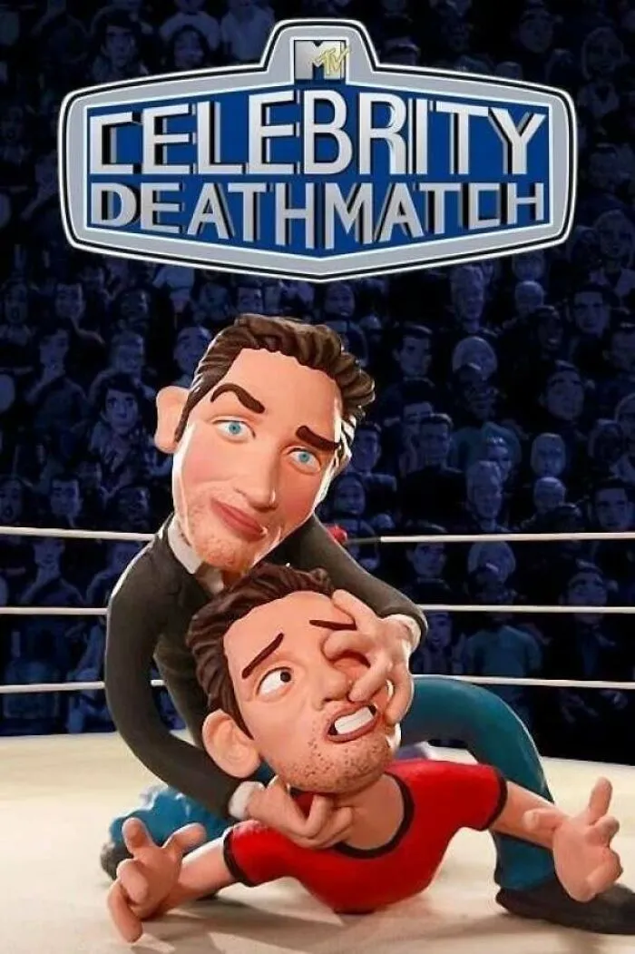 Claymation figures in a wrestling ring from '90s show "Celebrity Deathmatch."
