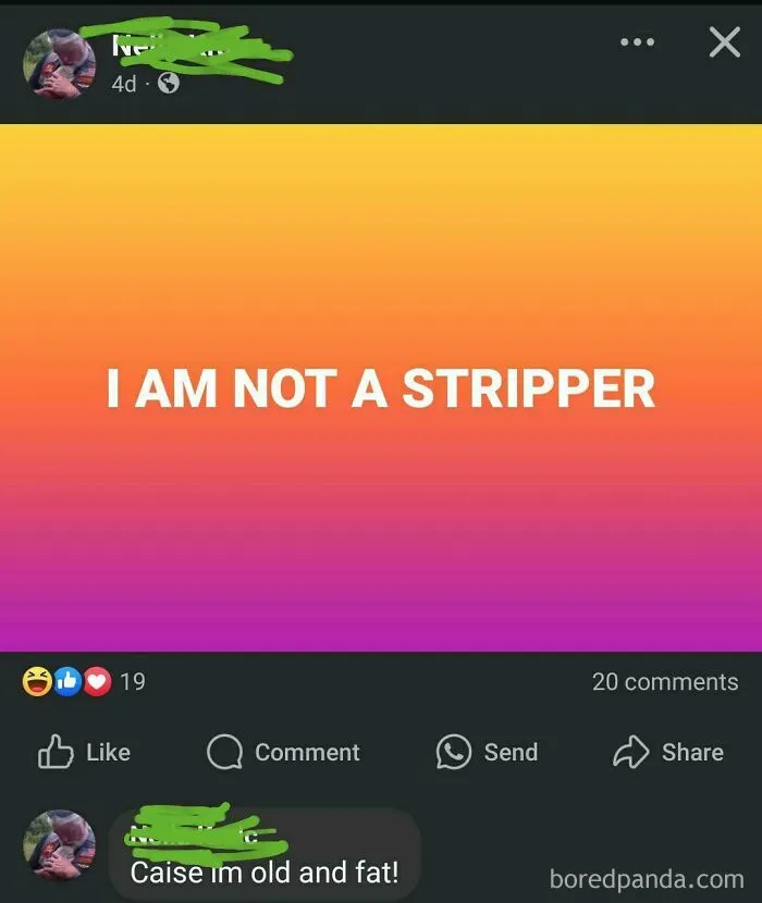 Boomers' social media misunderstanding with colorful background and humorous text saying, "I AM NOT A STRIPPER."