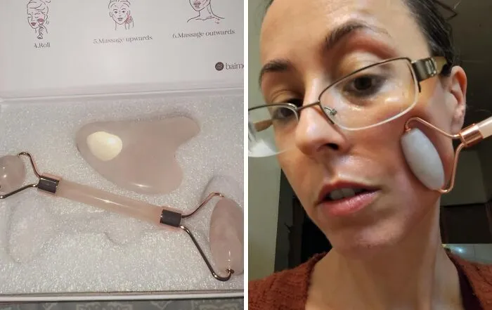 Rose quartz face roller set; a person using it as a cute gift idea under $25 to save money.