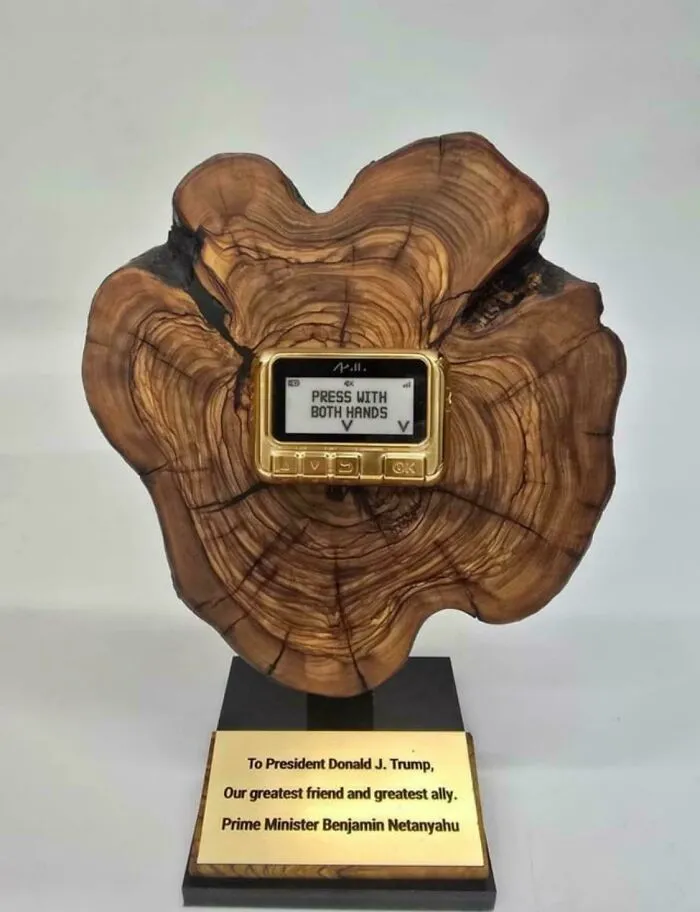 Wooden sculpture with digital screen displaying press instructions, symbolizing modern life and boring dystopia.