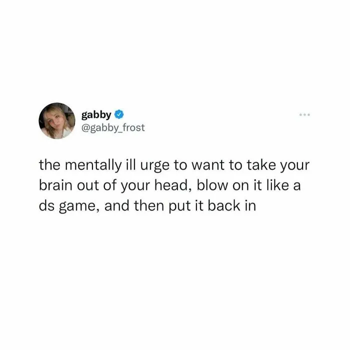 Tweet about the mentally ill using humor as a coping mechanism, comparing the brain to a DS game needing a reset.