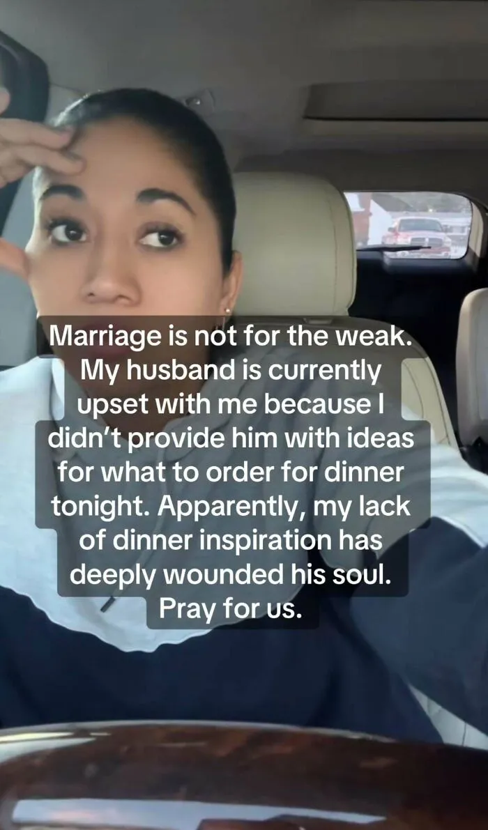 Woman in car with a frustrated expression, text overlay about marriage challenges and dinner ideas, humorous note on relationships.