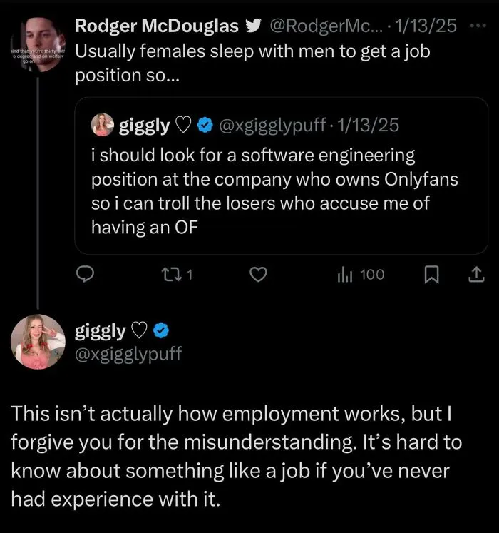 Twitter exchange humorously debunking stereotypes about how girls work and employment misunderstandings.
