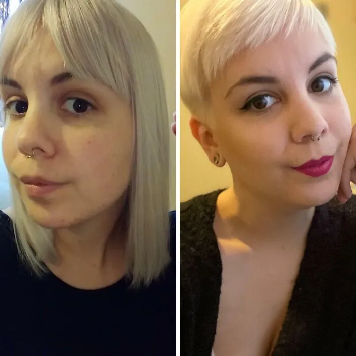 Before and after haircut transformation showcasing a dramatic change.