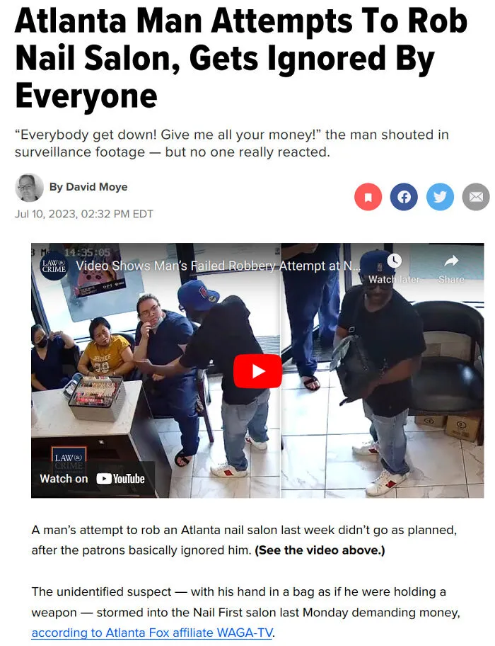 Image shows a humorous news headline about a robbery attempt in a nail salon where patrons ignore the robber, with surveillance footage.