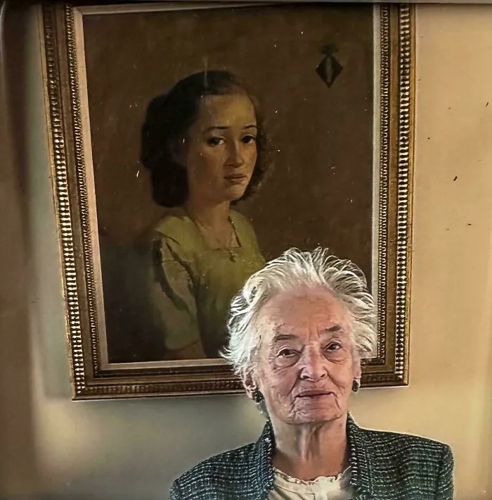 My 95 Year Old Grandmother In Front Of Her Portrait