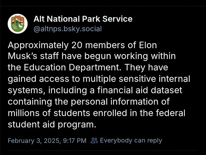 Tweet about Elon Musk’s staff accessing sensitive data in education, highlighting modern life’s boring dystopia.