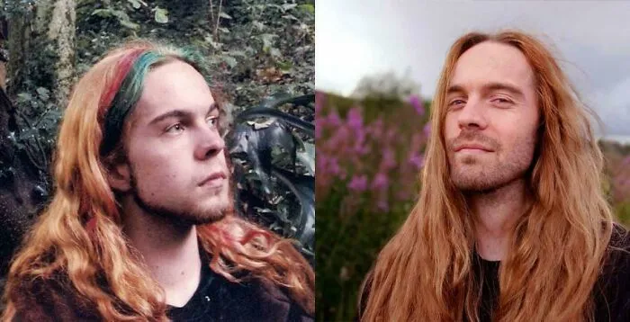 Two men with fierceflow beautiful hair, one with colorful streaks and the other with long natural red hair outdoors.