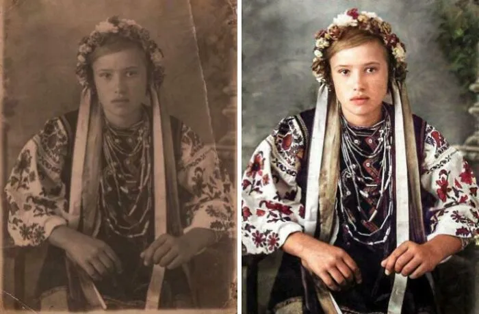 Beautiful Ukrainian Girl In National Costume, 1935. Photo Before And After Restoration