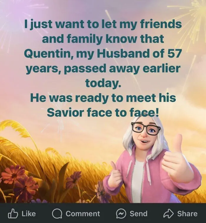 Cartoon character with thumbs up and text about a loved one passing away, illustrating Boomers social media fails.