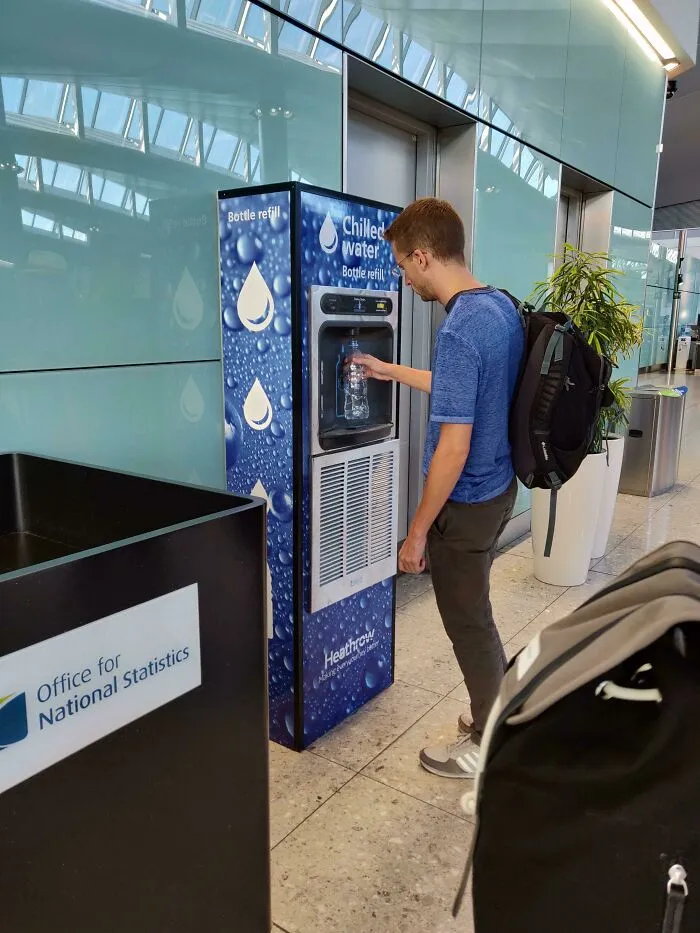 A Machine At Heathrow Airport So You Can Refill Your Water Bottle After Security So You Don't Need To Throw It Away