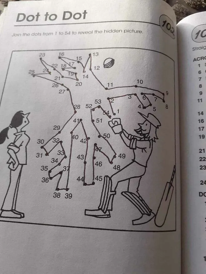 Dot-to-dot puzzle showing cricket players in a poorly-designed book, with numbers forming an unclear image.
