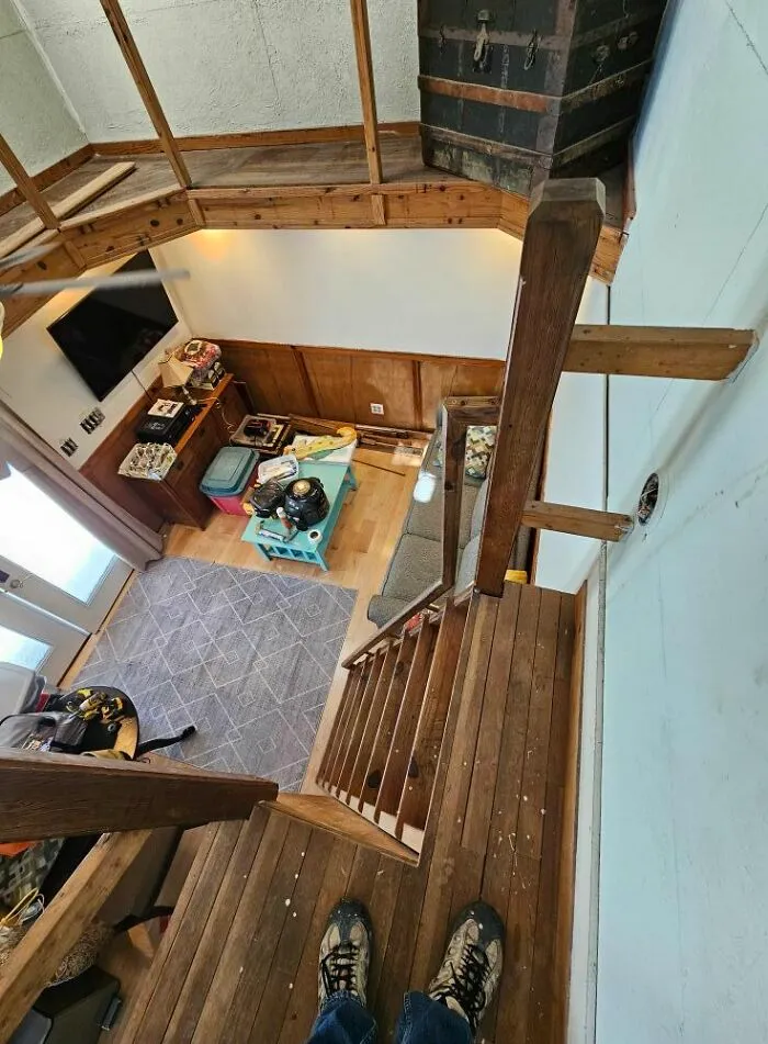 Some Stairs In A Bungalow I'm Working On. They've Also Added A Decapitation 2000 Ceiling Fan At Throat Level Which I Think Is A Nice Touch