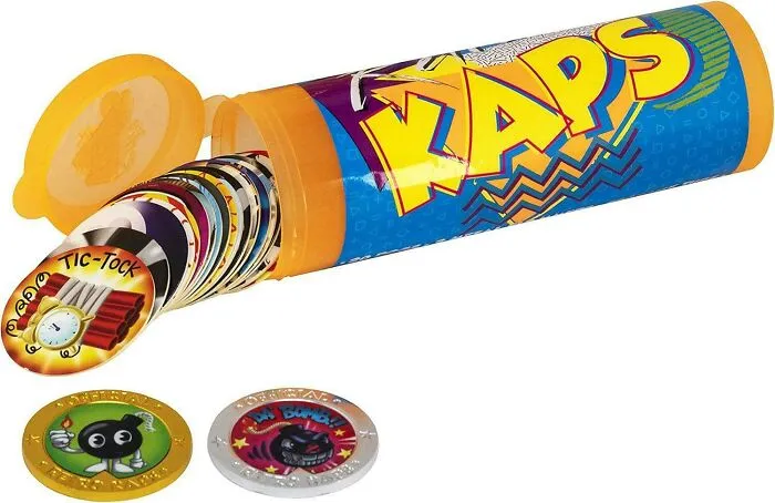 '90s nostalgia Kaps container with collectible Pogs scattered around.