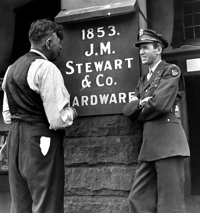 Home Coming- Jimmy Stewart And His Dad Outside The Family Hardware Store, Indiana, Pa., 1945