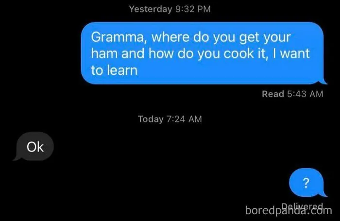 Text conversation showing a humorous misunderstanding, illustrating boomers' social media fails.
