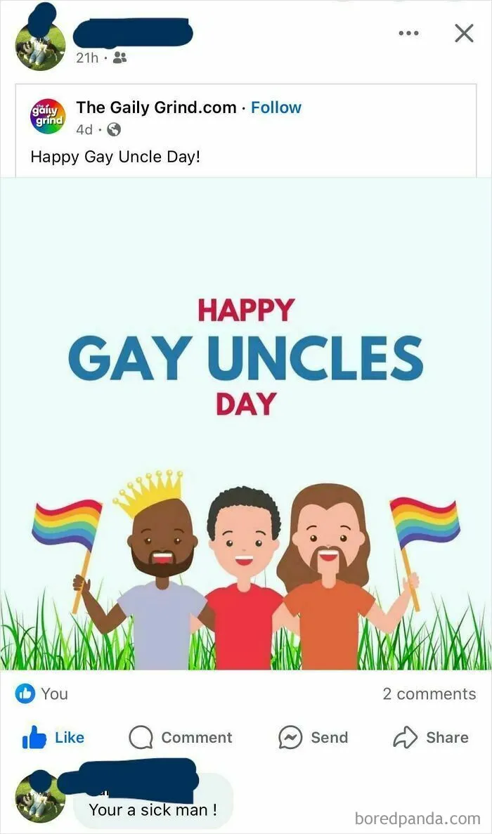 Facebook post showcasing Boomers-Social-Media-Fails with a "Happy Gay Uncles Day" image and a critical comment.