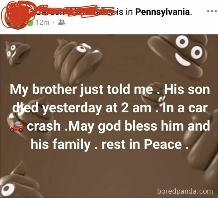 Social media post with sad news overlayed on poop emojis background, illustrating Boomers' social media fails.